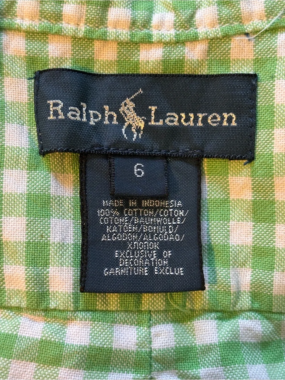 Ralph Lauren Boys Size 6 Green and White Gingham Plaid Button-Up Shirt